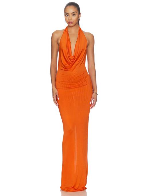 Buy Eterne Gisele Women's Ribbed Halter Plunging Maxi Dress Orange (L) Online