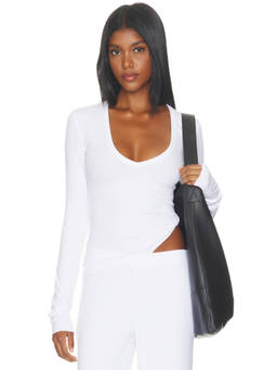 Eterne - Butter Rib Women's Long Sleeve V-Neck Top White