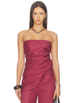 FAITHFULL THE BRAND - Nera Women's Strapless Asymmetric Hem Linen Top Rhubarb