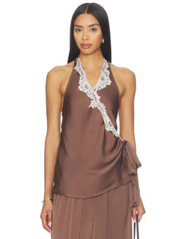 FAITHFULL THE BRAND - Marea Women's Satin Lace Trim Wrap Halter Top Brown