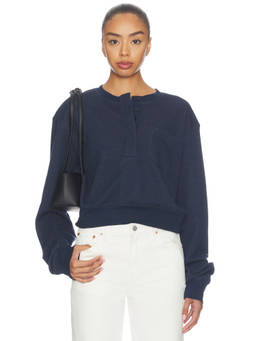 FRAME - Striped Cuff Women's Relaxed Henley Sweatshirt Navy Blue