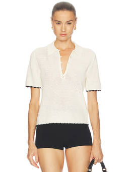 FRAME - Textured Women's Crochet Polo Top Cream