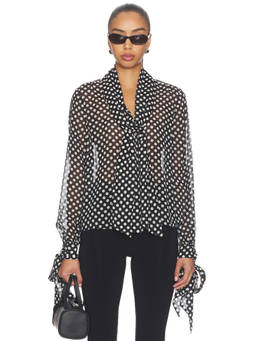 FRAME - Nouvelle Polka Dot Women's Tie-Up Neck Ruffle Cuff Blouse Black