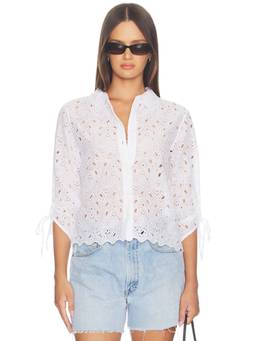 FRAME - Paisley Eyelet Women's Cinch Sleeve Button-Down Shirt White