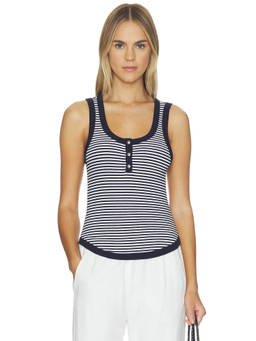 Favorite Daughter - Foundation Women's Striped Sleeveless Henley Tank Top Navy Blue