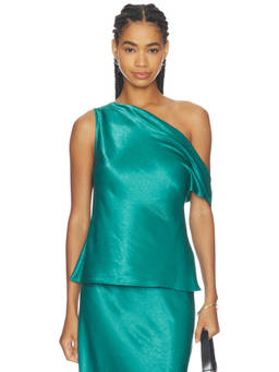 Favorite Daughter - Side Note Women's One Shoulder Satin Top Emerald