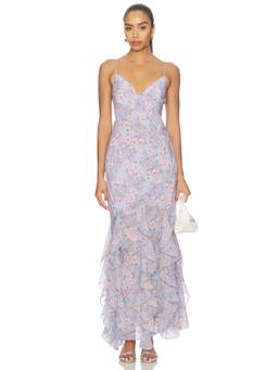 For Love & Lemons - Elea Women's Floral V-Neck Lace-Up Back Maxi Dress Blue