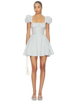 For Love & Lemons - Saltwater Striped Women's Puff Sleeve Linen Blend Mini Dress Blue