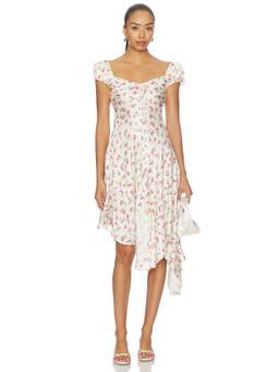 For Love & Lemons - Cherry Mae Women's Floral Puff Sleeve Asymmetric Midi Dress Cream