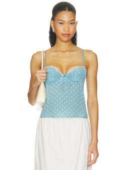 For Love & Lemons - Babette Women's Polka Dot Lace Trim Camisole Top Blue