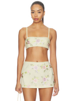 For Love & Lemons - Ribbon Flowers Women's Floral Applique Smocked Crop Top Yellow