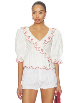 For Love & Lemons - Emma Women's Embroidered V-Neck Puff Sleeves Top White
