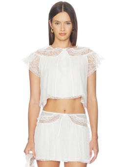 For Love & Lemons - Zelie Women's Lace Trim Tie-Up Sleep Top White