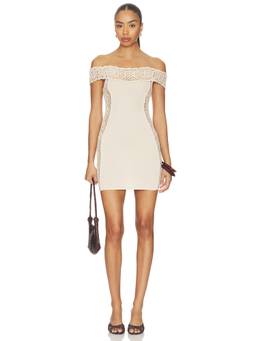 Frankies Bikinis - Fleur Women's Off-Shoulder Crochet Panel Bodycon Mini Dress Beige