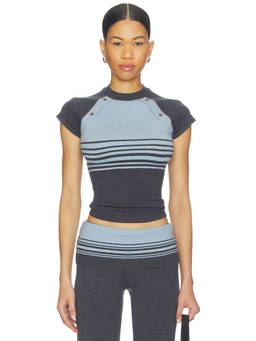 Frankies Bikinis - Shore Cloud Knit Women's Striped Button Shoulder Top Grey