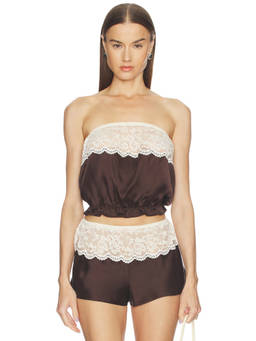 Frankies Bikinis - Rosie Women's Lace Trim Strapless Silk Blouse Brown
