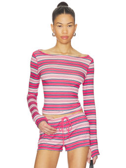 Frankies Bikinis - X JENNIE Women's Striped Boat Neck Long Sleeve Top Multi-Color