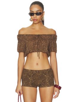 Frankies Bikinis - Paulina Women's Off-Shoulder Tie-Up Chiffon Blouse Brown
