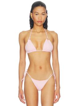 Frankies Bikinis - X Paige Lorenze Women's Ribbed Halter Tie-Up Bikini Top Pink