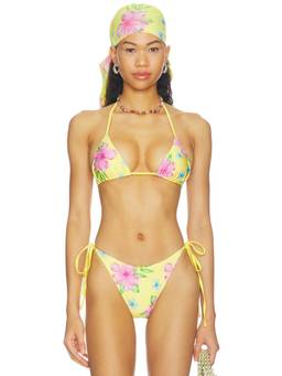 Frankies Bikinis - Beaded Satin Women's Halter Tie-Up Bikini Top Yellow