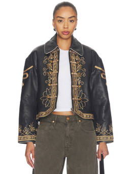 Free People - Lana Women's Embroidered Padded Leather Jacket Black