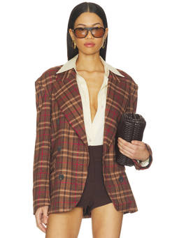 Free People - Dean Women's Double-Breasted Plaid Melton Blazer Brown