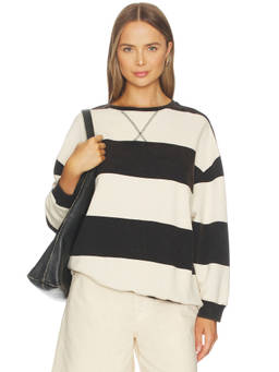Free People - Classic Stripe Women's Oversized Crew Neck Sweatshirt Black