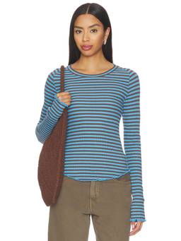 Free People - Easy Does It Women's Striped Waffle Knit Crew Neck Tee Blue