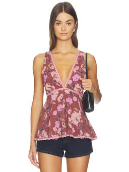 Free People - Rome Women's Floral Printed Sleeveless V-Neck Tank Top Brown
