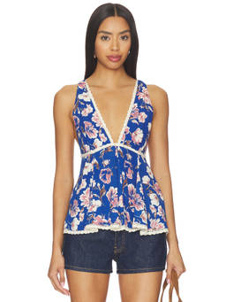Free People - Rome Women's Floral Printed Sleeveless V-Neck Tank Top Navy Blue