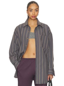 Free People - We The Free Freddie Women's Striped Oversized Button-Up Shirt Grey