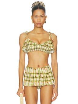 Free People - Printed Avery Women's Bow Strap Ruffle Bikini Top Green