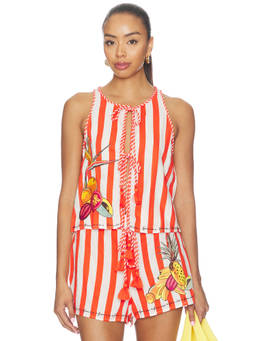 FARM Rio - Women's Striped Printed Tie-Up Neck Sleeveless Top Multi-Color