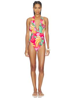 FARM Rio - Engineering Women's Padded Halter Neck One-Piece Swimsuit Yellow