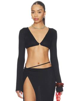 Flook The Label - Ring Detail Women's V-Neck Long Sleeve Bikini Top Black