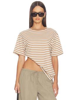 Good American - Oversized Women's Striped Crew Neck T-Shirt Beige