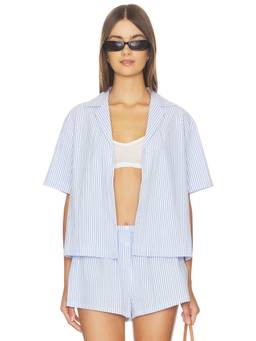 Good American - Blue Stripe Women's Seersucker Relaxed Button-Up Shirt Blue