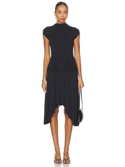 Geel - Elodie Women's Ruched Hi-Low Hem Midi Dress Black