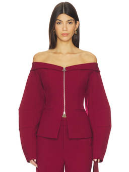 Gestuz - X Barbie Barbara Women's Off-Shoulder Zip Tailored Blazer Wine