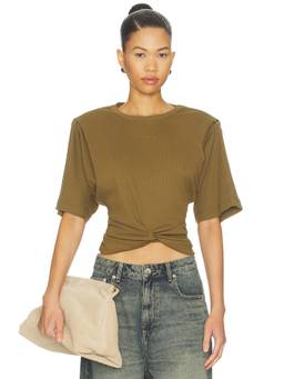 Gestuz - Women's Ruched Padded Shoulder Crew Neck T-Shirt Olive