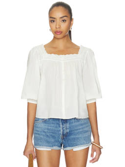 The Great - Eyelet Women's Button Front Square Neck Blouse White