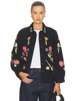 The Great - Embroidered Women's Twill Button-Front Jacket Almost Black