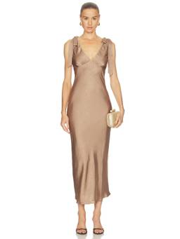 HEARTLOOM - Satin Women's Tie-Shoulder V-Neck Slip Maxi Dress Taupe