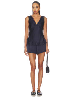 HEARTLOOM - Elosia Women's Lace Trim Satin Pajama Set Navy Blue