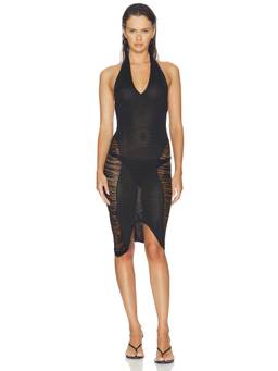 HAELO - Fringe Women's Halter Neck Scoop Back Bodycon Mini Dress Black