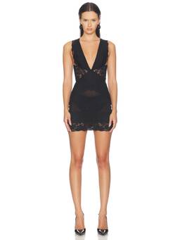 HAELO - Shadow Women's Lace Plunging Neck Bodycon Mini Dress Black