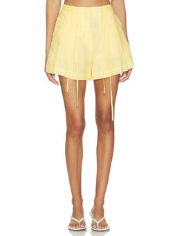 HEVRON - Seersucker Women's Mid-Waist Pleated Shorts Yellow