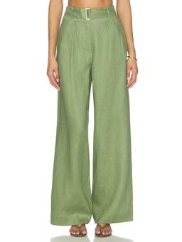 HEVRON - Alina Women's Pleated Wide-Leg Linen Palazzo Pants Sage Green