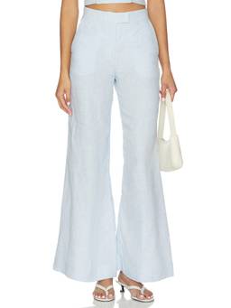 HEVRON - Women's High-Waist Wide-Leg Linen Palazzo Pants Sky Melange