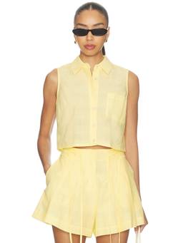 HEVRON - Seersucker Women's Sleeveless Cropped Button-Down Shirt Yellow